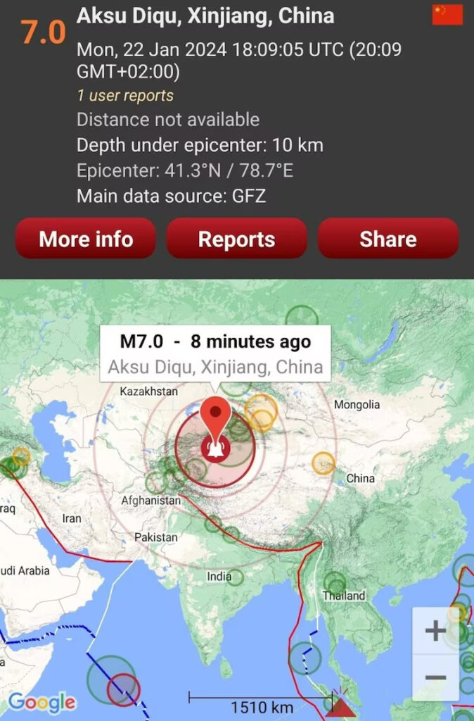 A 7.2-magnitude earthquake strikes Xinjiang, China; the Delhi-NCR is shaken.